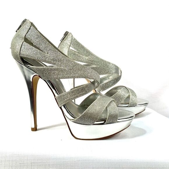SILVER GLITTER PLATFORM SANDALS by ALDO 5” HEEL 8 - Picture 2 of 6